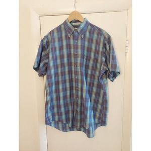 FLYING SCOTSMAN Men Shirt Large Tall Blue Plaid Button Up S/S VTG USA Duck